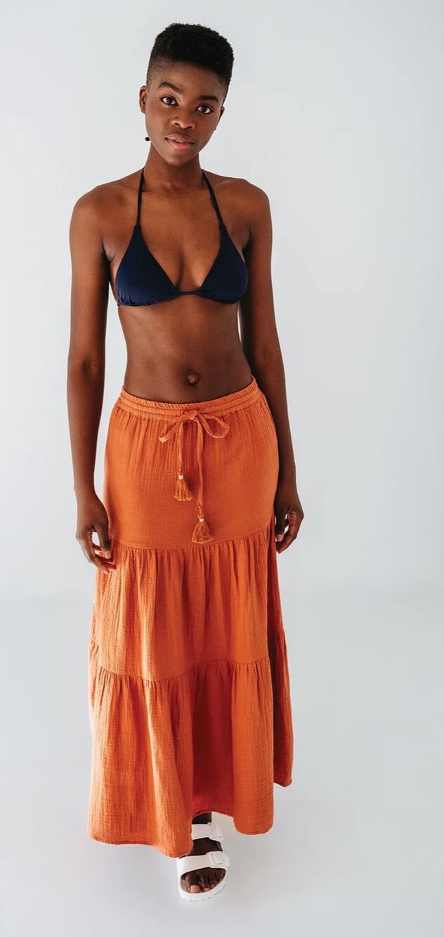 Echo Womens Double Gauze Tiered Breeze Skirt Size Large Sienna Orange Maxi New